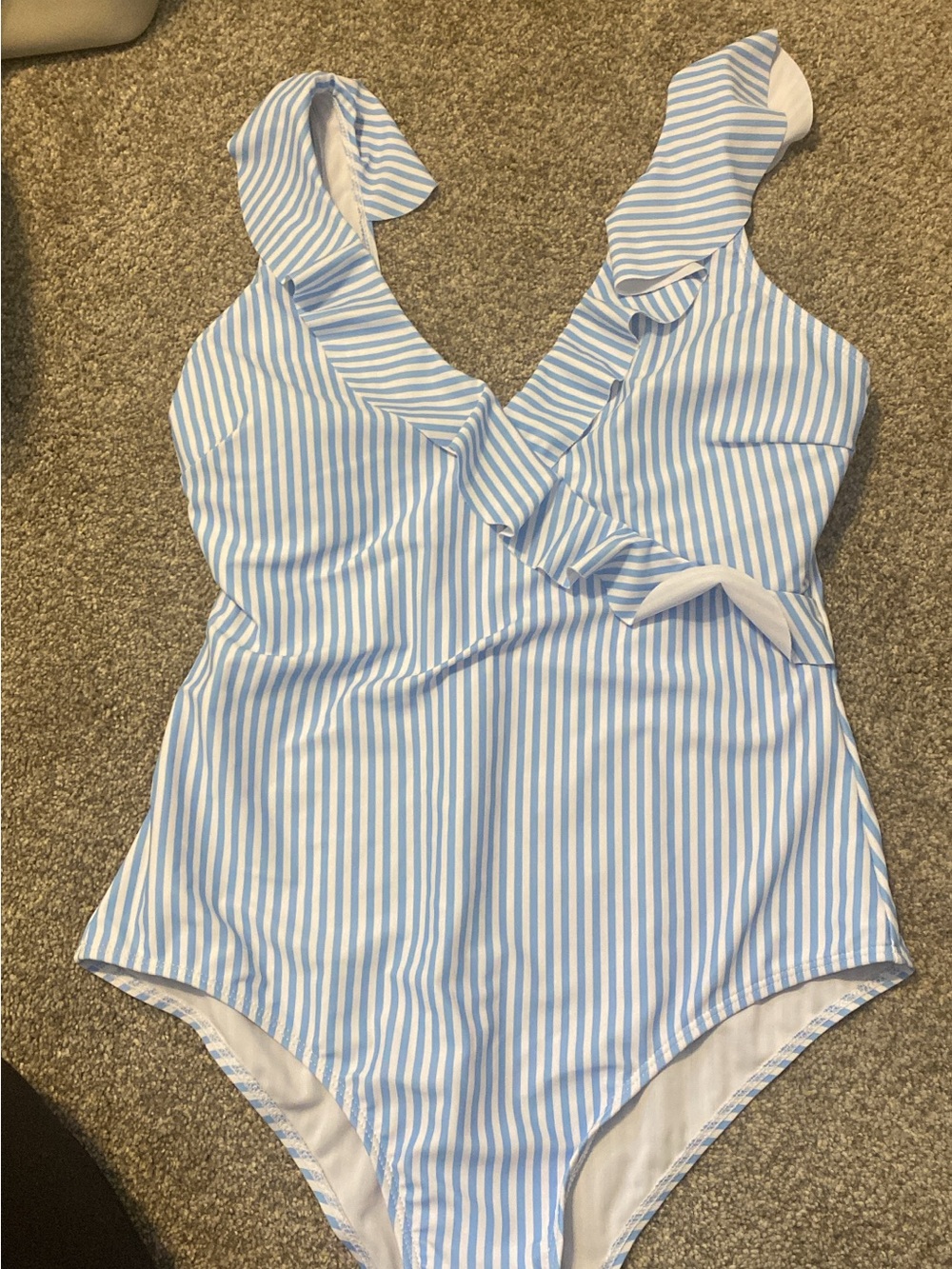 SHEIN Light Blue & White Striped Ruffle One-Piece Swimsuit